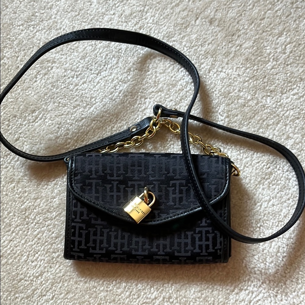 Tommy Hilfiger Black and Gold Crossbody Bag with Embossed Pattern